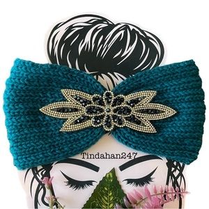 Daisy Gem Flower Design Teal Knit Knot Crochet Handmade Headband Womens‎
